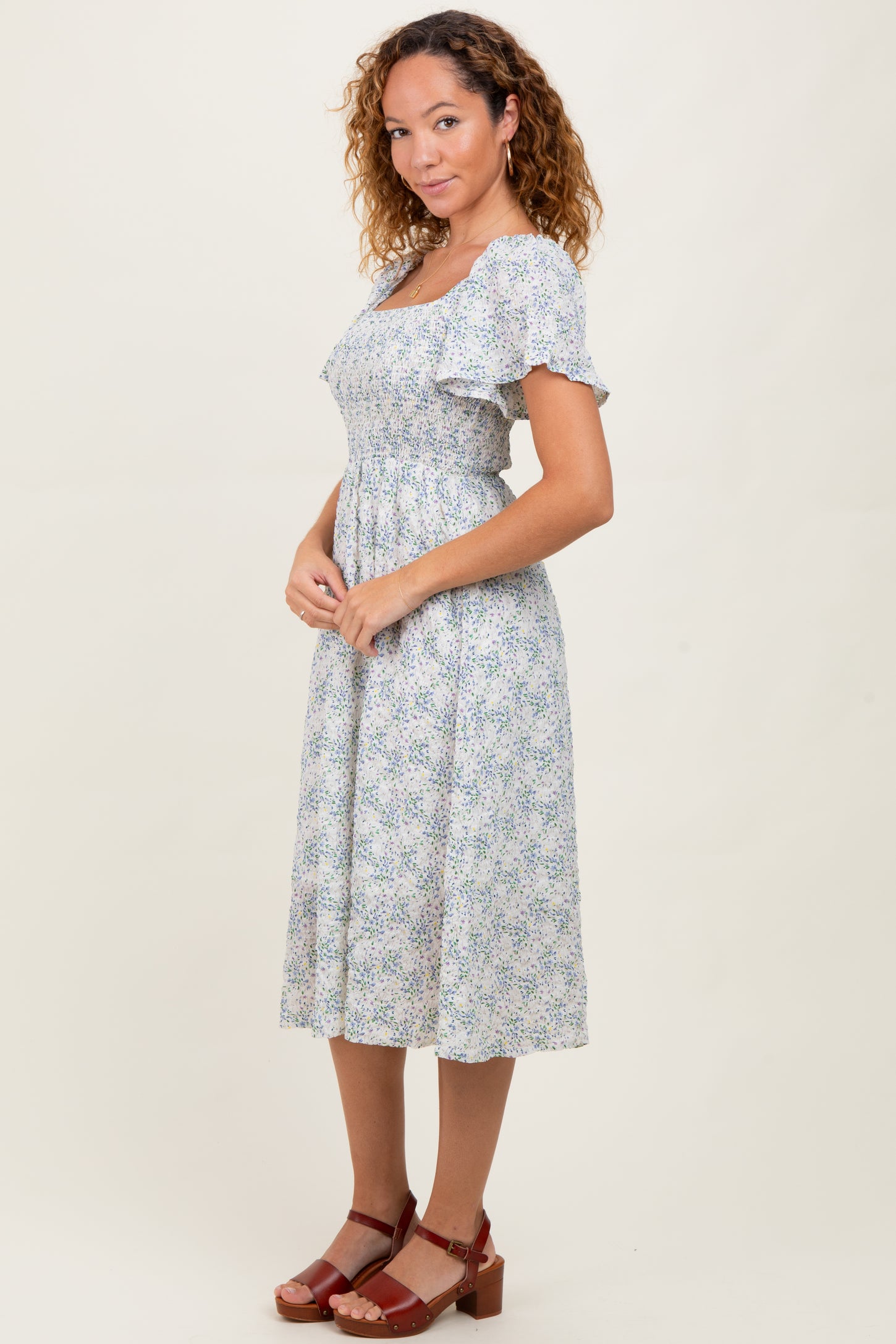 White Floral Square Neck Smocked Midi Dress