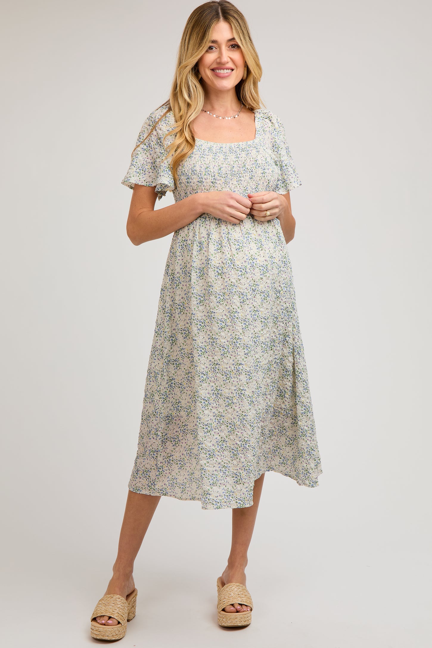 White Floral Square Neck Smocked Maternity Midi Dress White Floral Square Neck Smocked Maternity Midi Dress