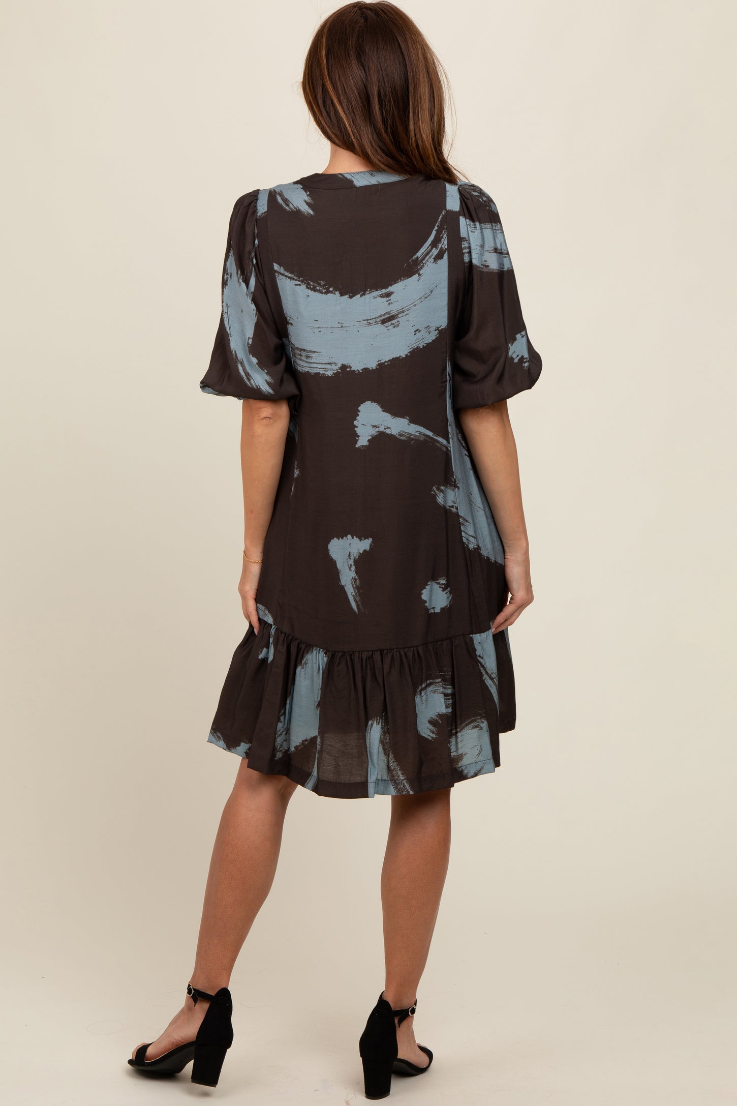 Mocha Abstract Print Button Up Midi Dress