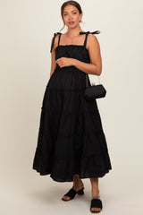 Black Tiered Tie Strap Maternity Midi Dress
