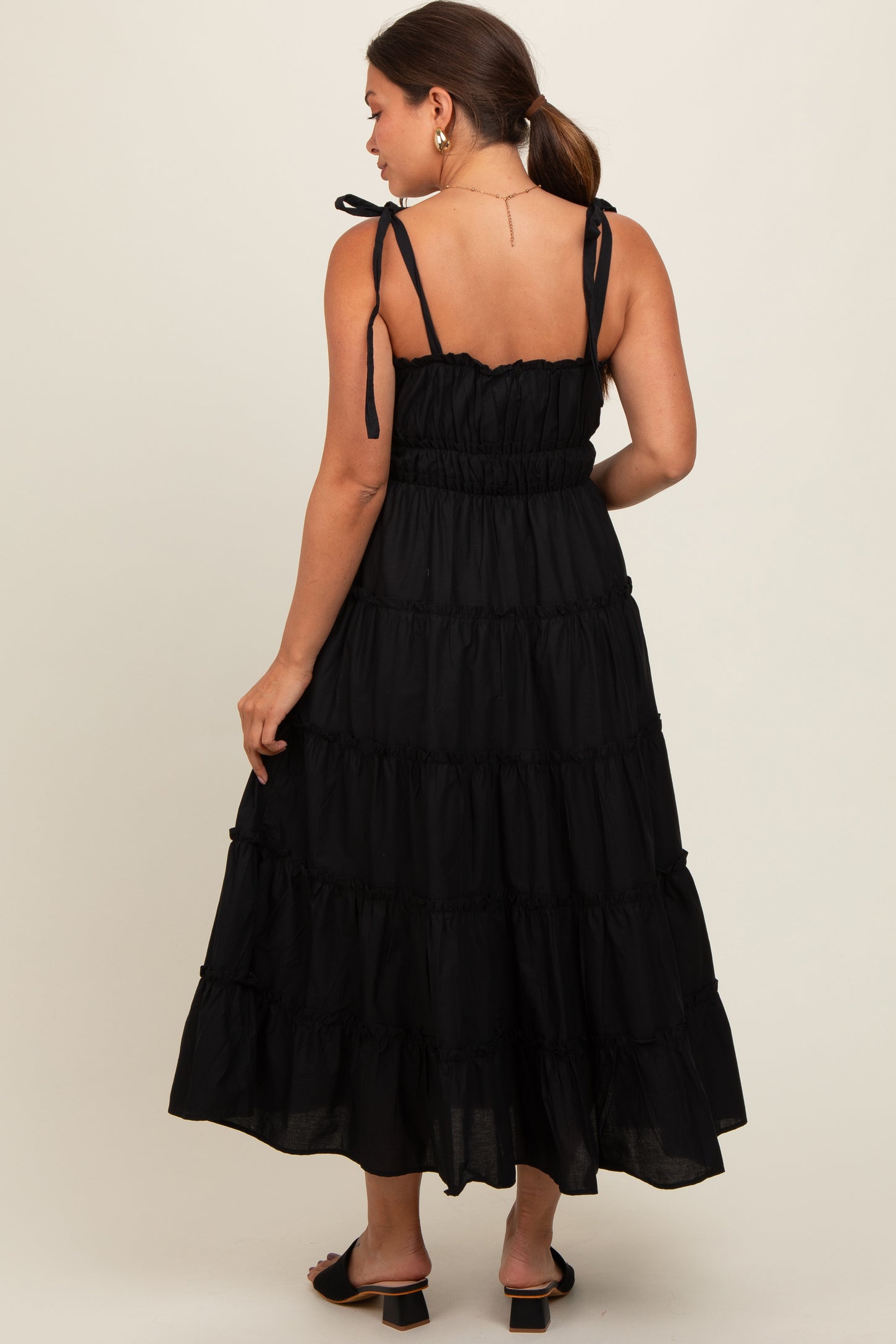Black Tiered Tie Strap Maternity Midi Dress