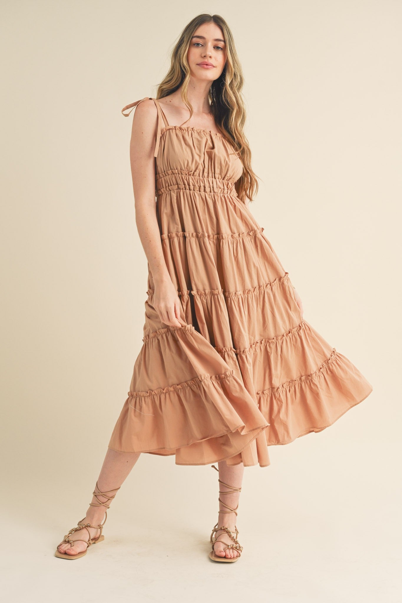 Camel Tiered Tie Strap Midi Dress Camel Tiered Tie Strap Midi Dress