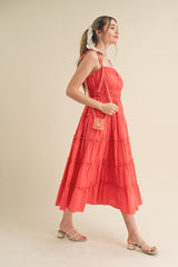Red Tiered Tie Strap Midi Dress