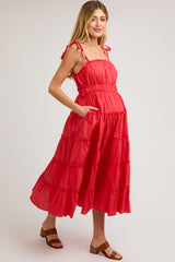 Red Tiered Tie Strap Maternity Midi Dress