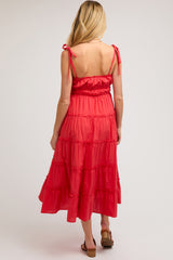 Red Tiered Tie Strap Maternity Midi Dress
