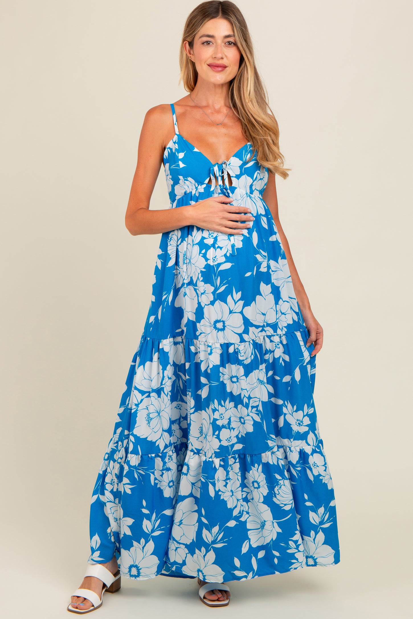 Royal Tropical Floral Open Back Maternity Maxi Dress