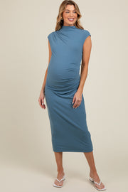Blue Ribbed Maternity Ruched Midi Dress