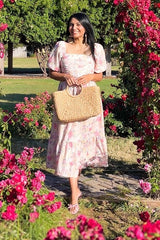 Lavender Floral Pleated Puff Sleeve Midi Dress