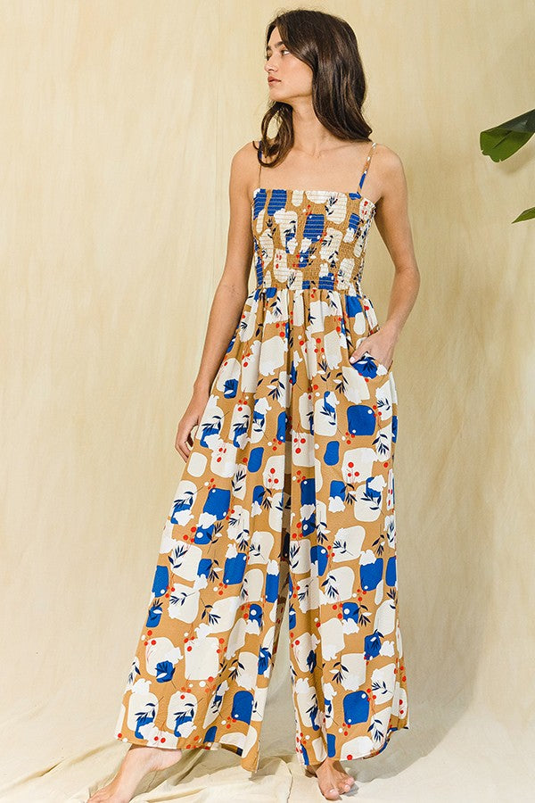 Taupe Leaf Print Smocked Wide Leg Jumpsuit – PinkBlush