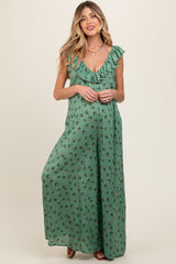 Green Floral Ruffle Accent Wide Leg Maternity Jumpsuit