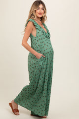 Green Floral Ruffle Accent Wide Leg Maternity Jumpsuit