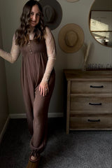 Brown Gauze Button Front Smocked Shoulder Tie Jumpsuit