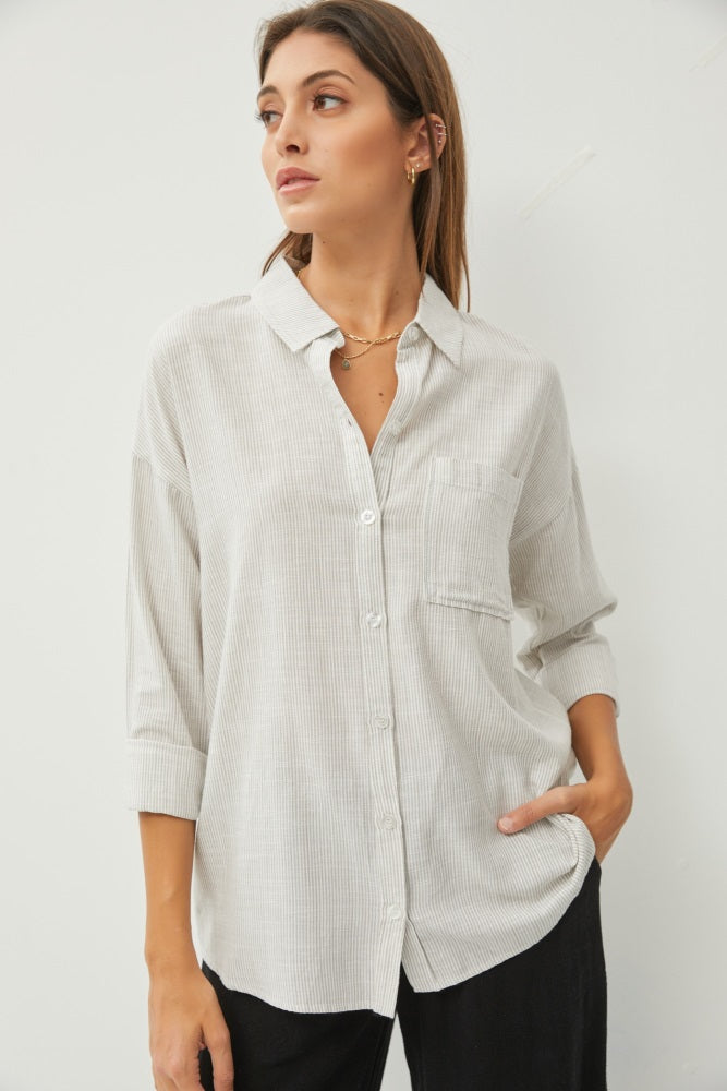 Grey Striped Basic Button Down Top
