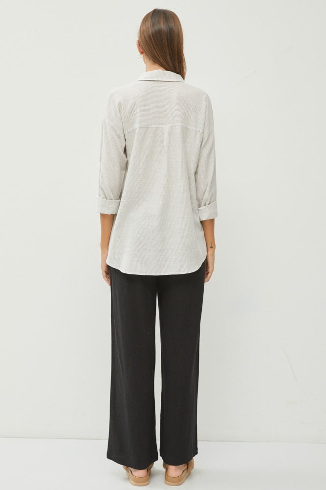 Grey Striped Basic Button Down Top