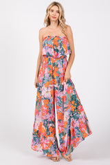 Multi Color Floral Smocked Ruffle Strapless Wide Leg Jumpsuit