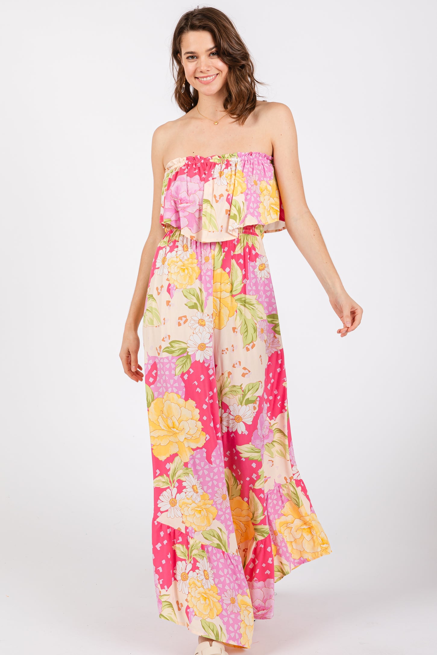 Flower Ruffle Jumpsuit Multi-Color Floral Strapless Ruffle Wide Leg Maternity Jumpsuit – PinkBlush