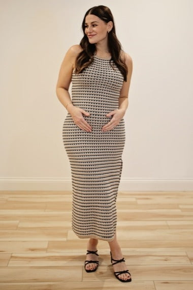 PinkBlush Beige Striped Knit Fitted Sleeveless Maternity Maxi Dress PinkBlush Beige Striped Knit Fitted Sleeveless Maternity Maxi Dress