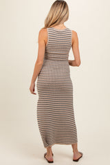 Beige Striped Knit Fitted Sleeveless Maternity Maxi Dress