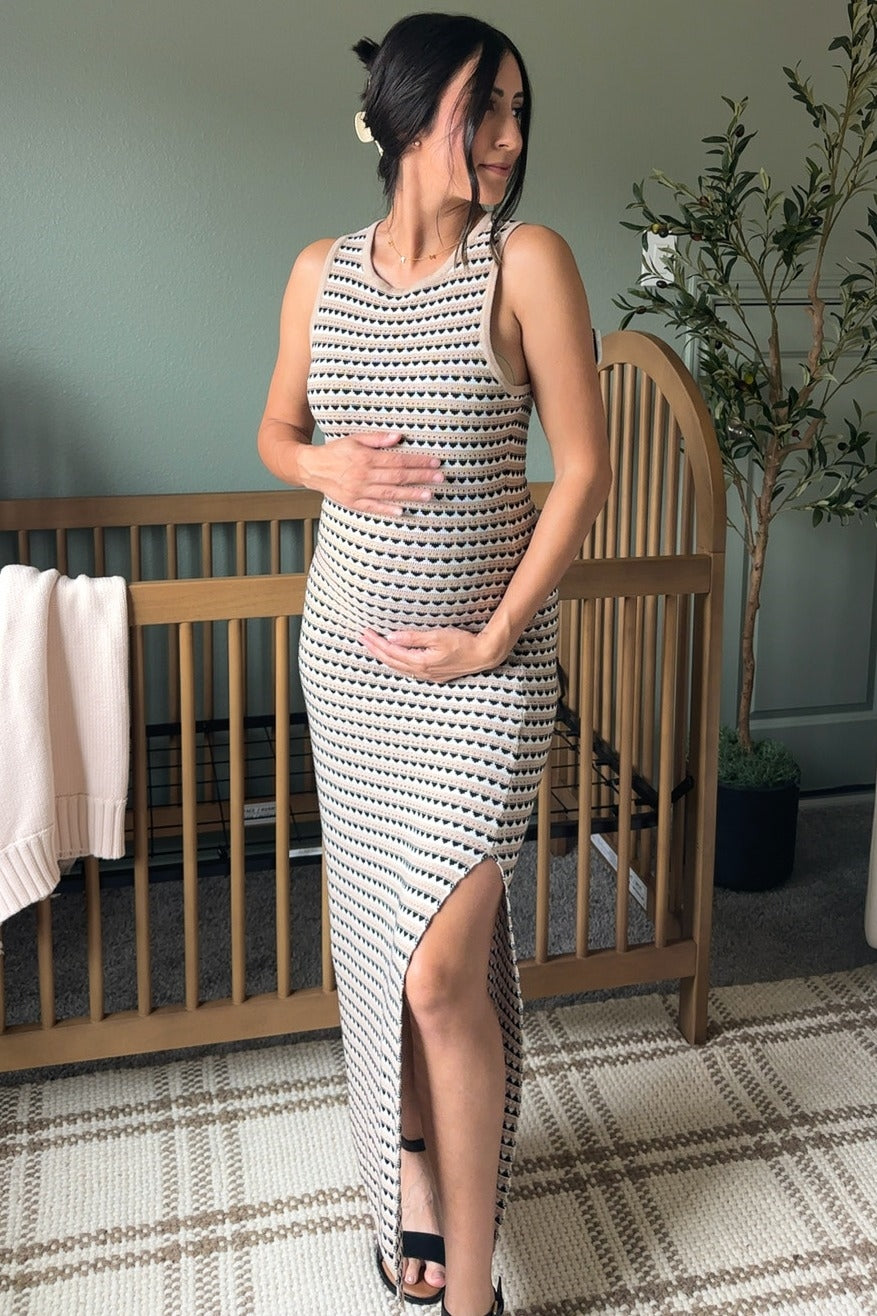 PinkBlush Beige Striped Knit Fitted Sleeveless Maternity Maxi Dress PinkBlush Beige Striped Knit Fitted Sleeveless Maternity Maxi Dress