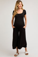 Black Short Sleeve Pocketed Maternity Jumpsuit