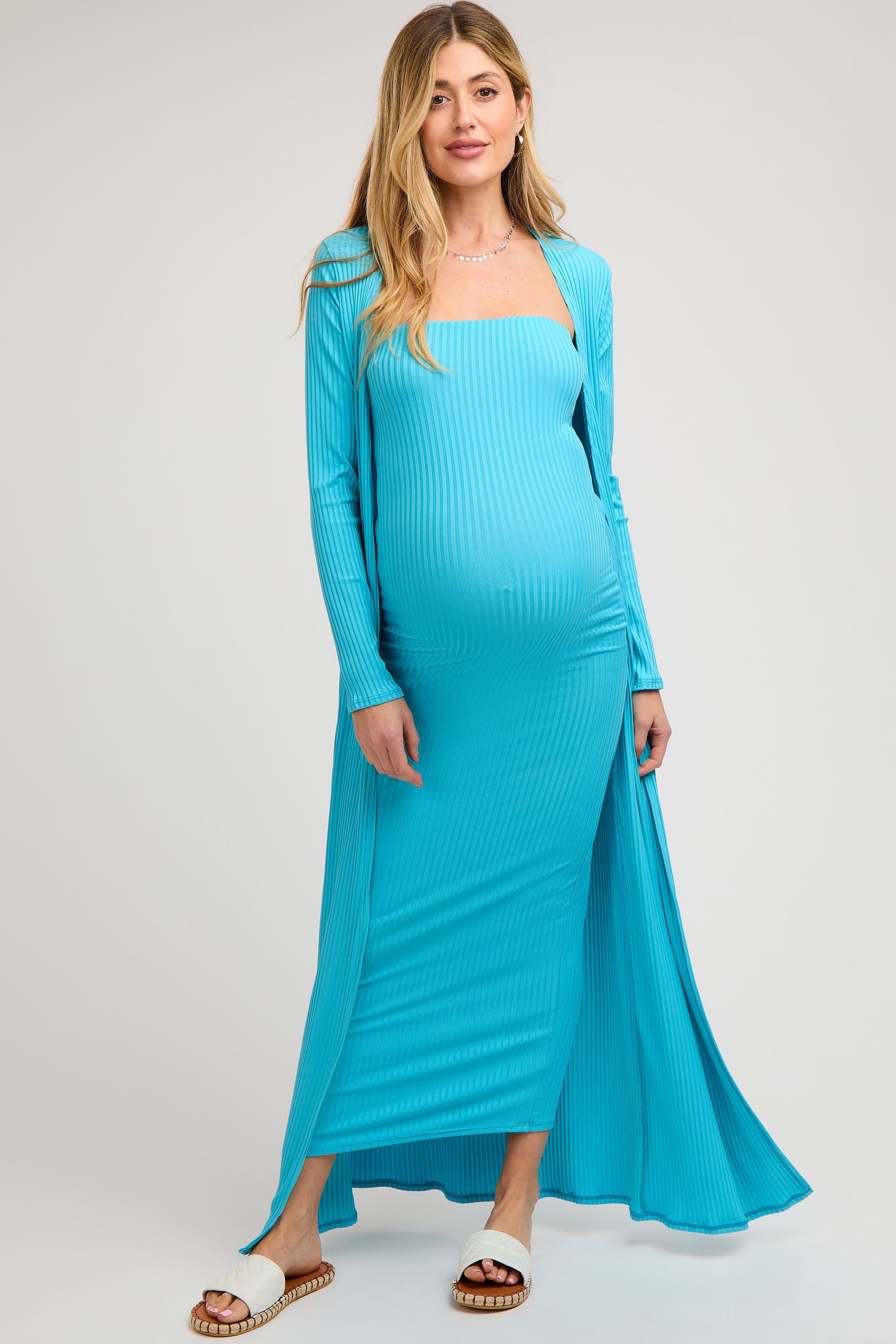 maternity maxi dress with cardigan Mocha Ribbed Sleeveless Dress Cardigan Maternity Set Small