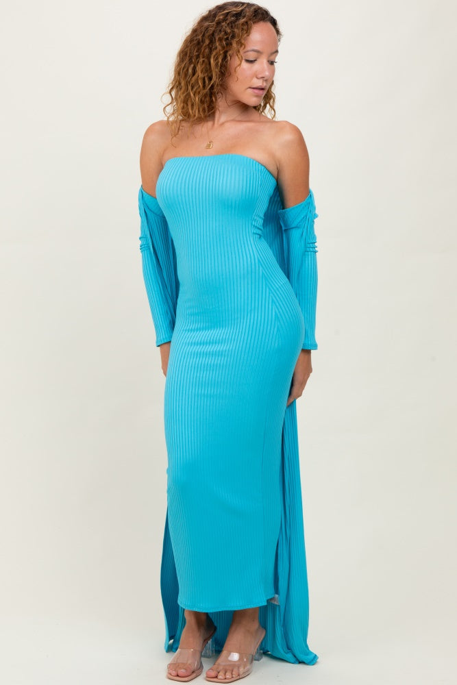 Aqua Ribbed Sleeveless Dress Cardigan Set