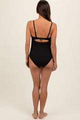 Black Ribbed Wrap Front Drawstring Side Maternity One-Piece Swimsuit