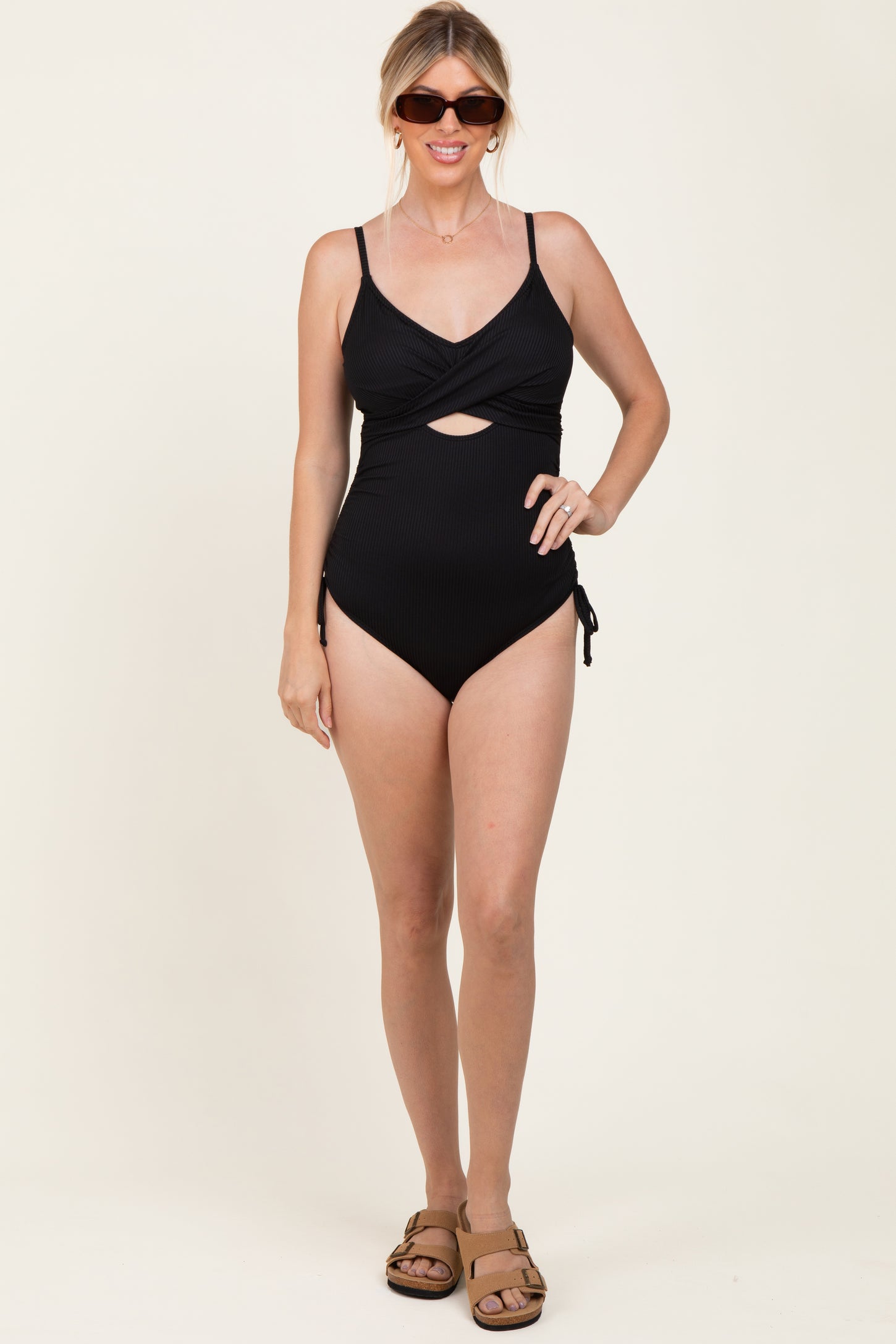 Black Ribbed Wrap Front Drawstring Side One-Piece Swimsuit