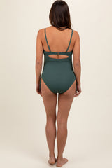 Olive Ribbed Wrap Front Drawstring Side Maternity One-Piece Swimsuit