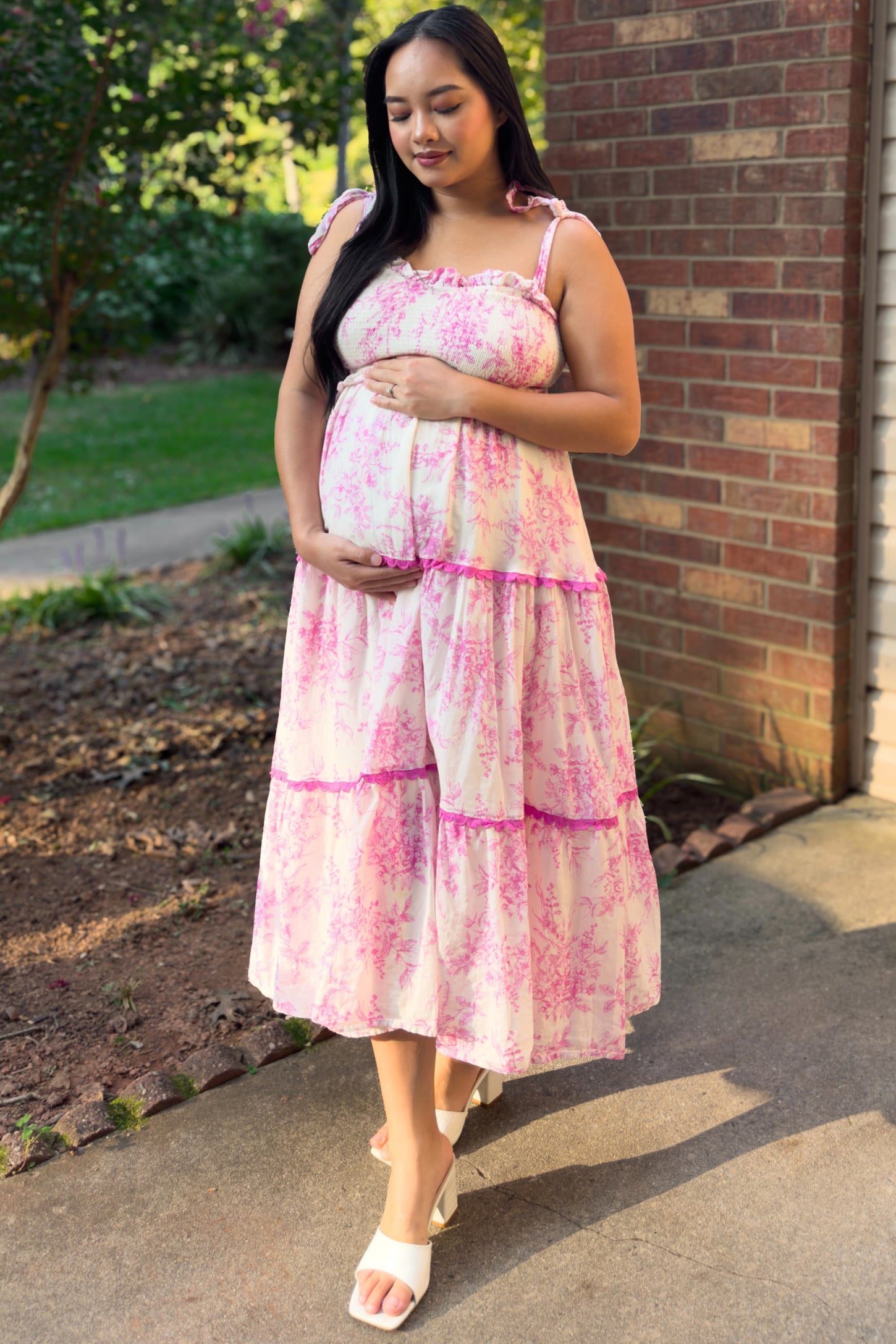 missguided premium rose embroidered tiered midi dress PinkBlush Maternity Floral Sleeveless Ruffle Tiered Midi Dress