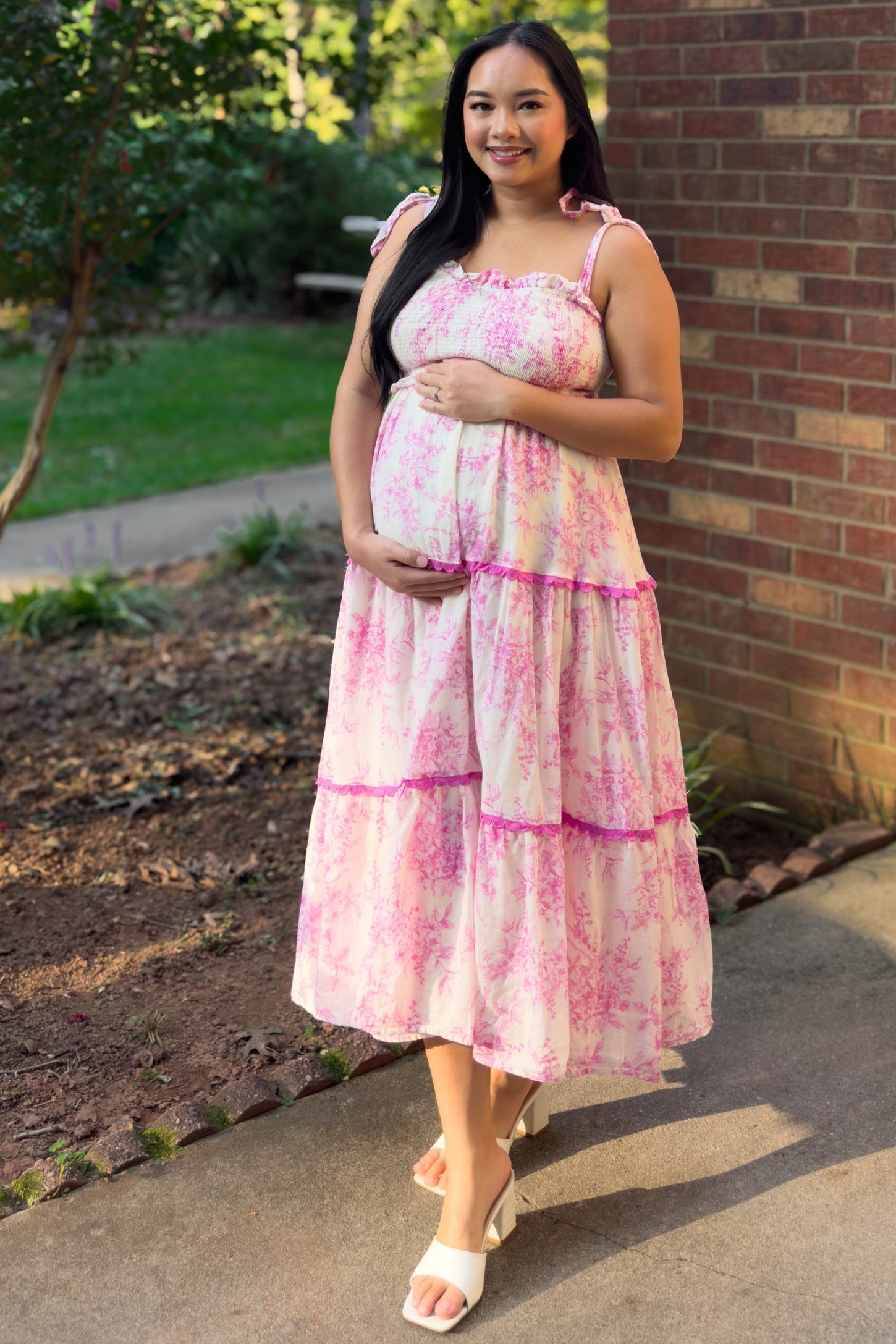 pink floral maternity dress PinkBlush Maternity Floral Sleeveless Ruffle Tiered Midi Dress