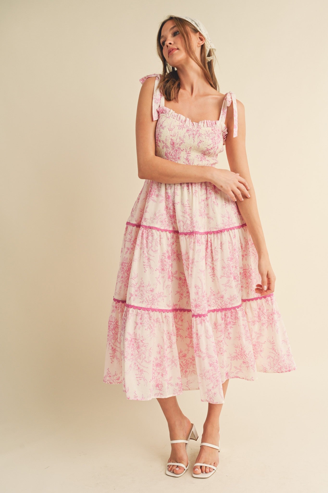 dusty pink floral print frill detail midi dress Pink Floral Midi Dress
