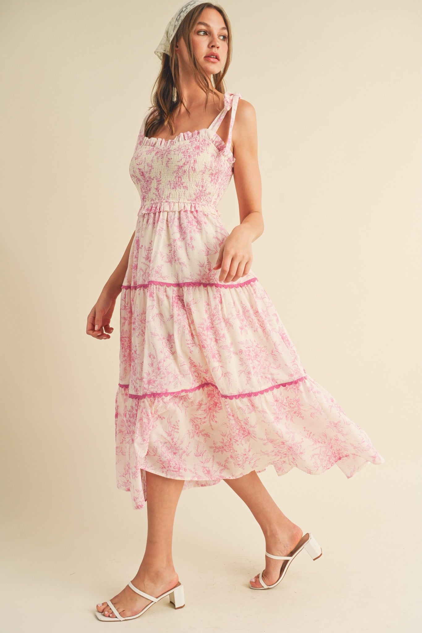 dusty pink floral print frill detail midi dress Light Pink Floral Short Ruffle Sleeve Round Neck Midi Dress