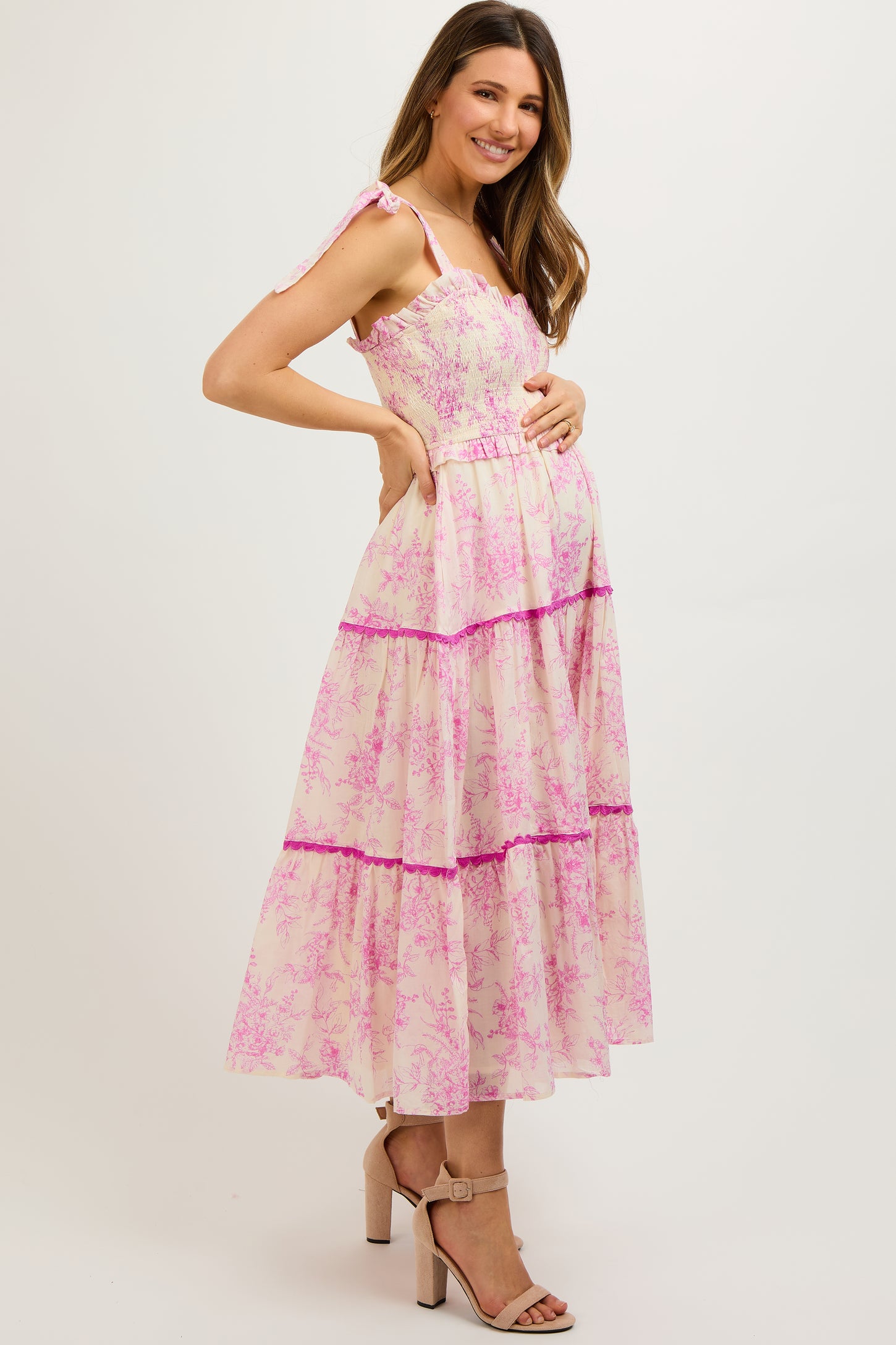 maternity porcelain print bengaline asymmetric frill midi dress PinkBlush Maternity Floral Sleeveless Ruffle Tiered Midi Dress