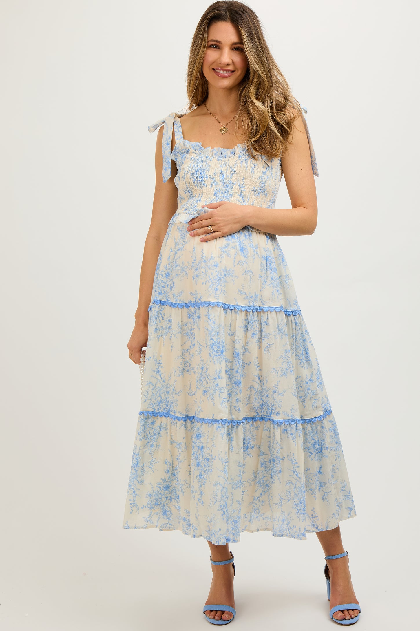 Light Blue Floral Sleeveless Ruffle Tiered Maternity Midi Dress Light Blue Floral Sleeveless Ruffle Tiered Maternity Midi Dress