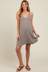 Taupe Ribbed Sleeveless Front Seam Maternity Dress