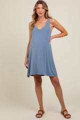 Blue Ribbed Sleeveless Front Seam Maternity Dress