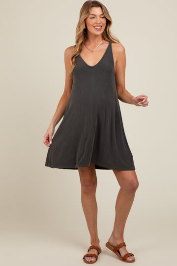 Charcoal Ribbed Sleeveless Front Seam Maternity Dress