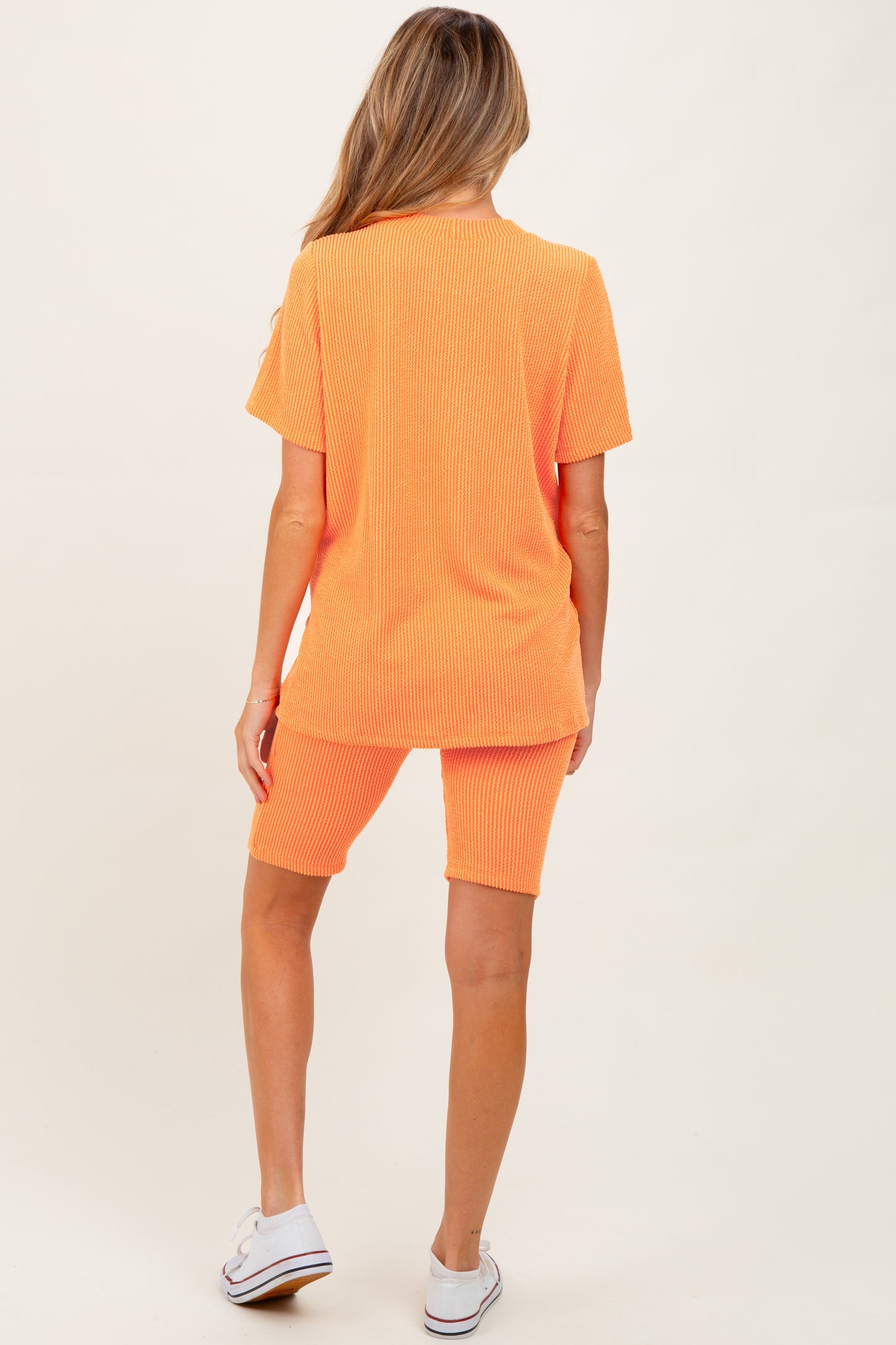 Orange Rib Knit T-Shirt And Biker Short Maternity Set