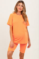 Orange Rib Knit T-Shirt And Biker Short Maternity Set