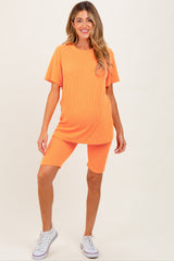 Orange Rib Knit T-Shirt And Biker Short Maternity Set