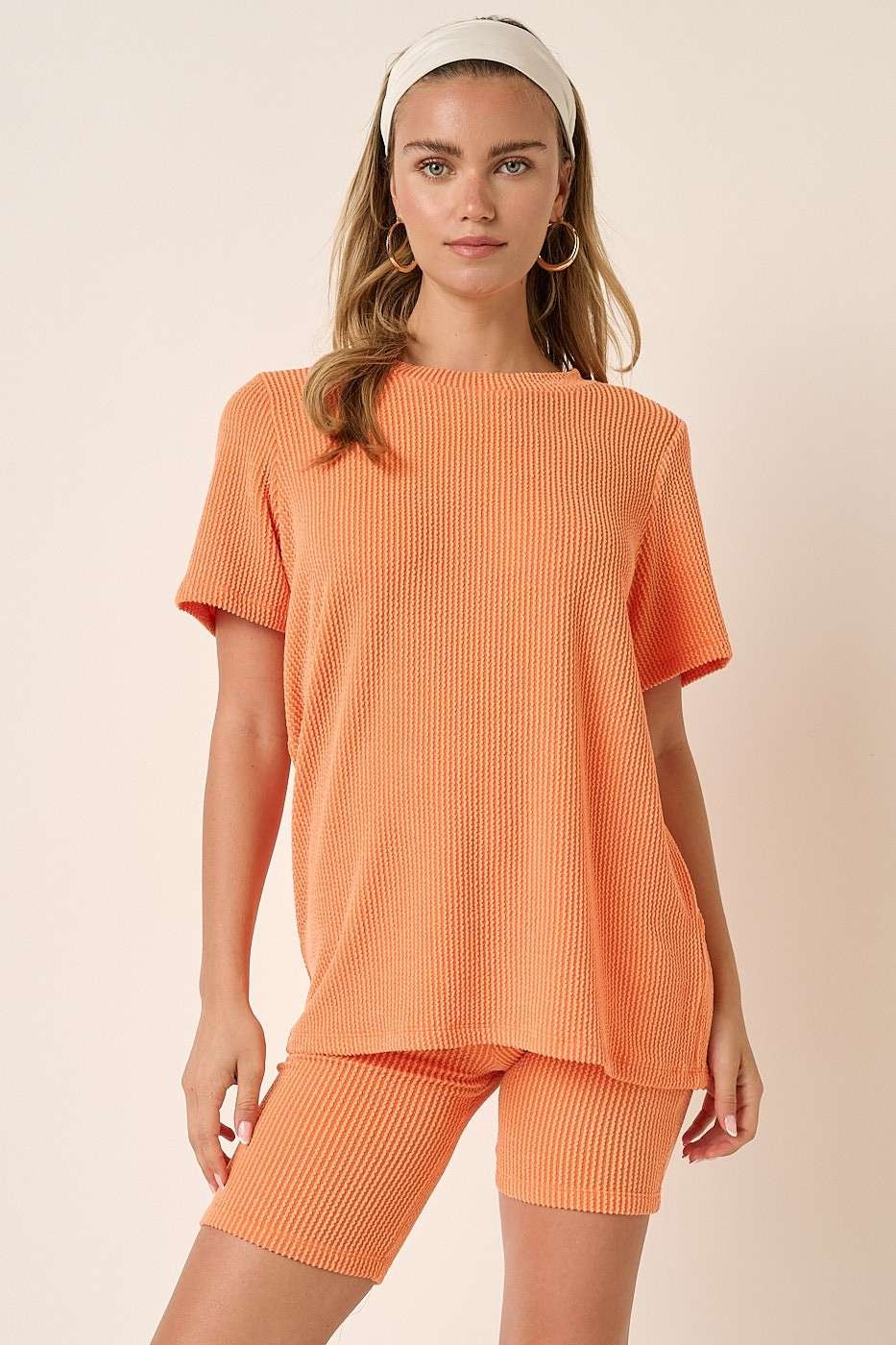 Orange Rib Knit T-Shirt And Biker Short Maternity Set