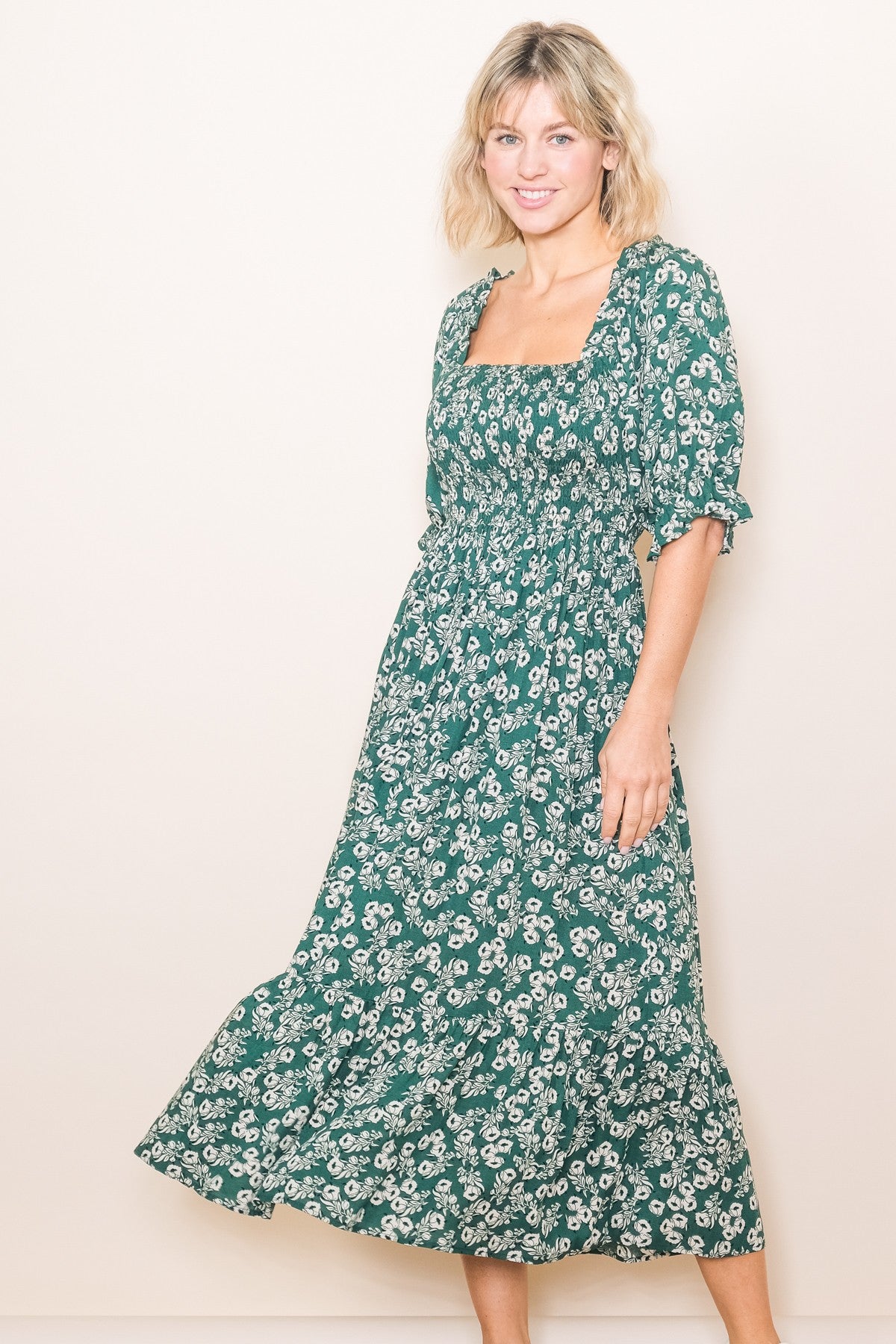 Green Square Neck Smocked Dress – PinkBlush