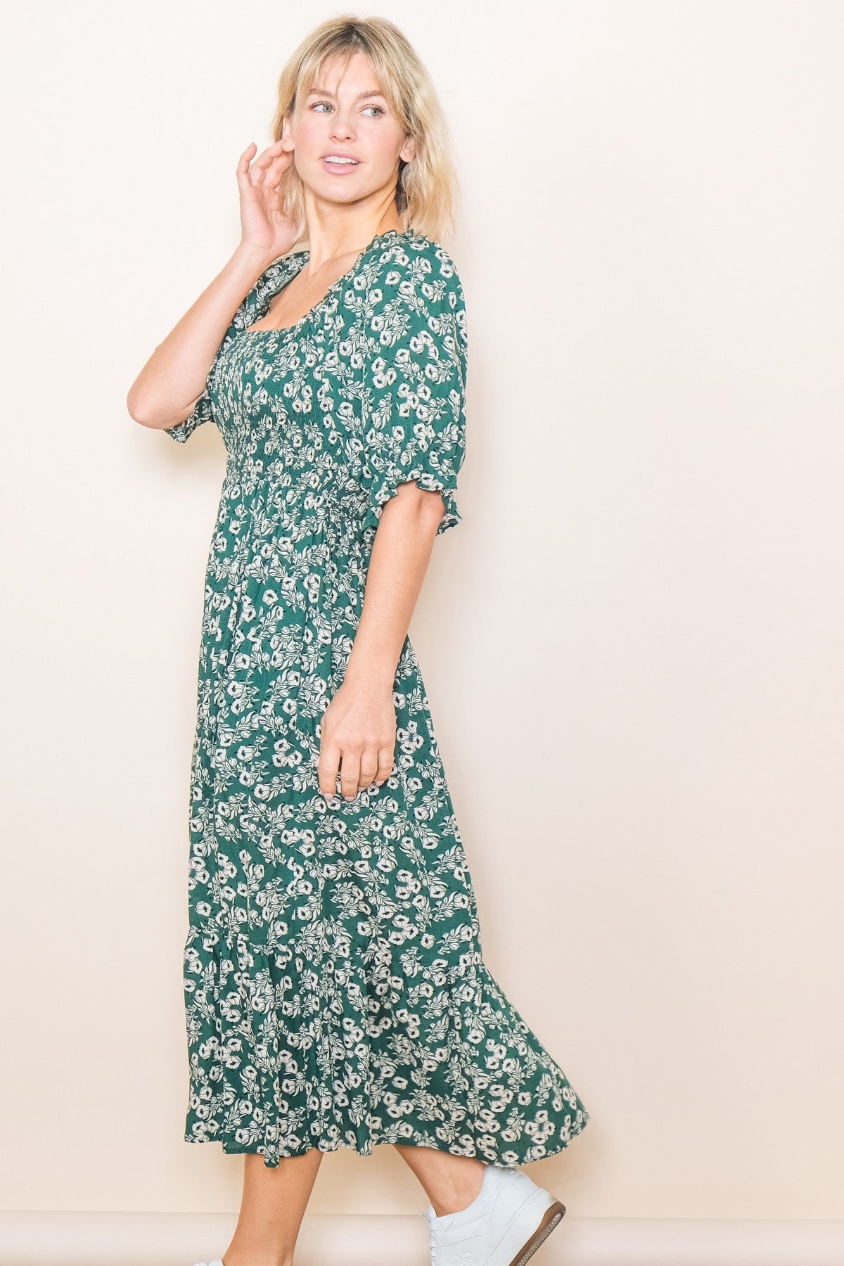 Green Square Neck Smocked Dress PinkBlush Green Square Neck Smocked Dress PinkBlush