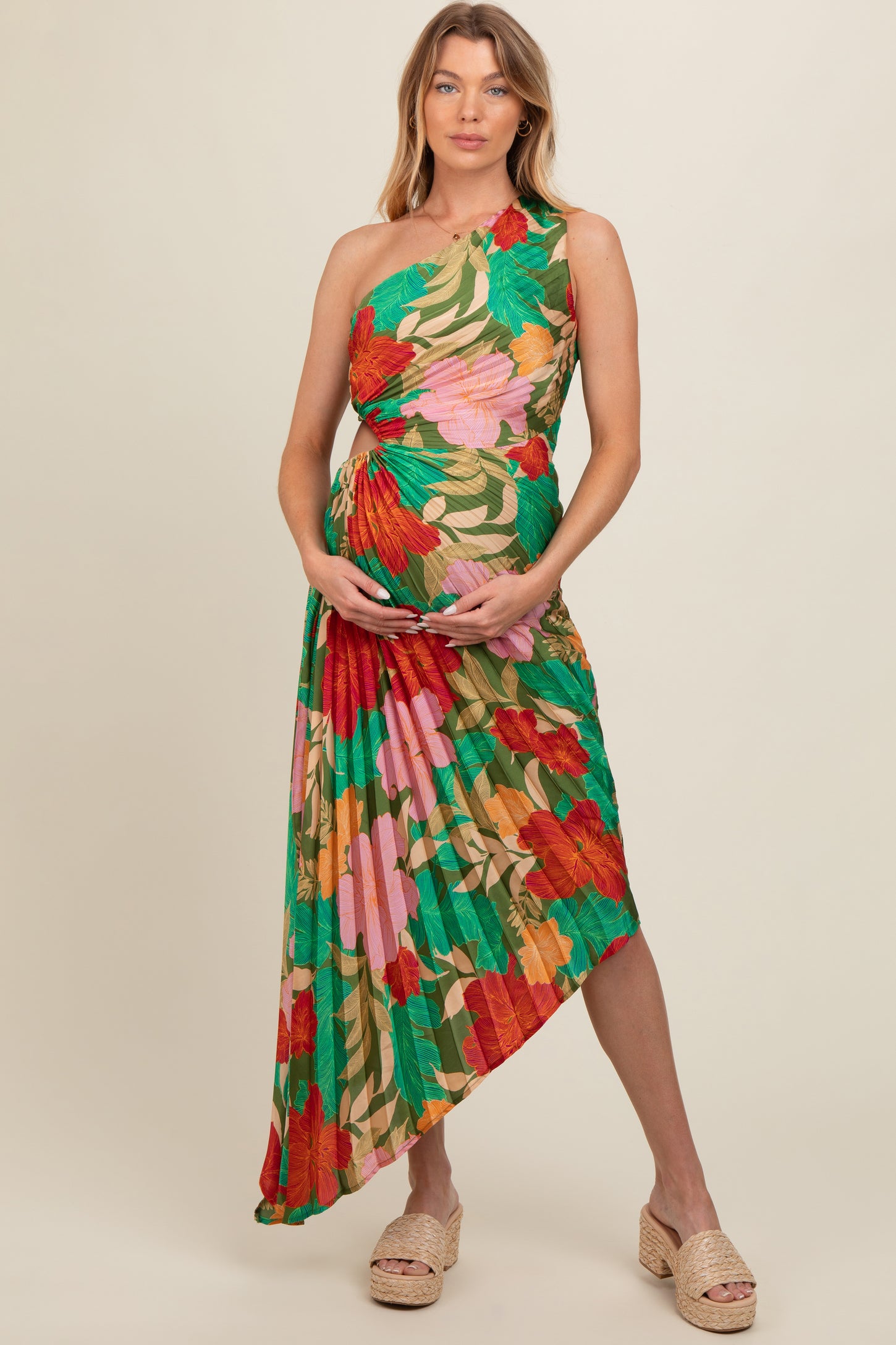 Multicolor Floral Satin Pleated One Shoulder Maternity Maxi Dress PinkBlush Multicolor Floral Satin Pleated One Shoulder Maternity Maxi Dress PinkBlush