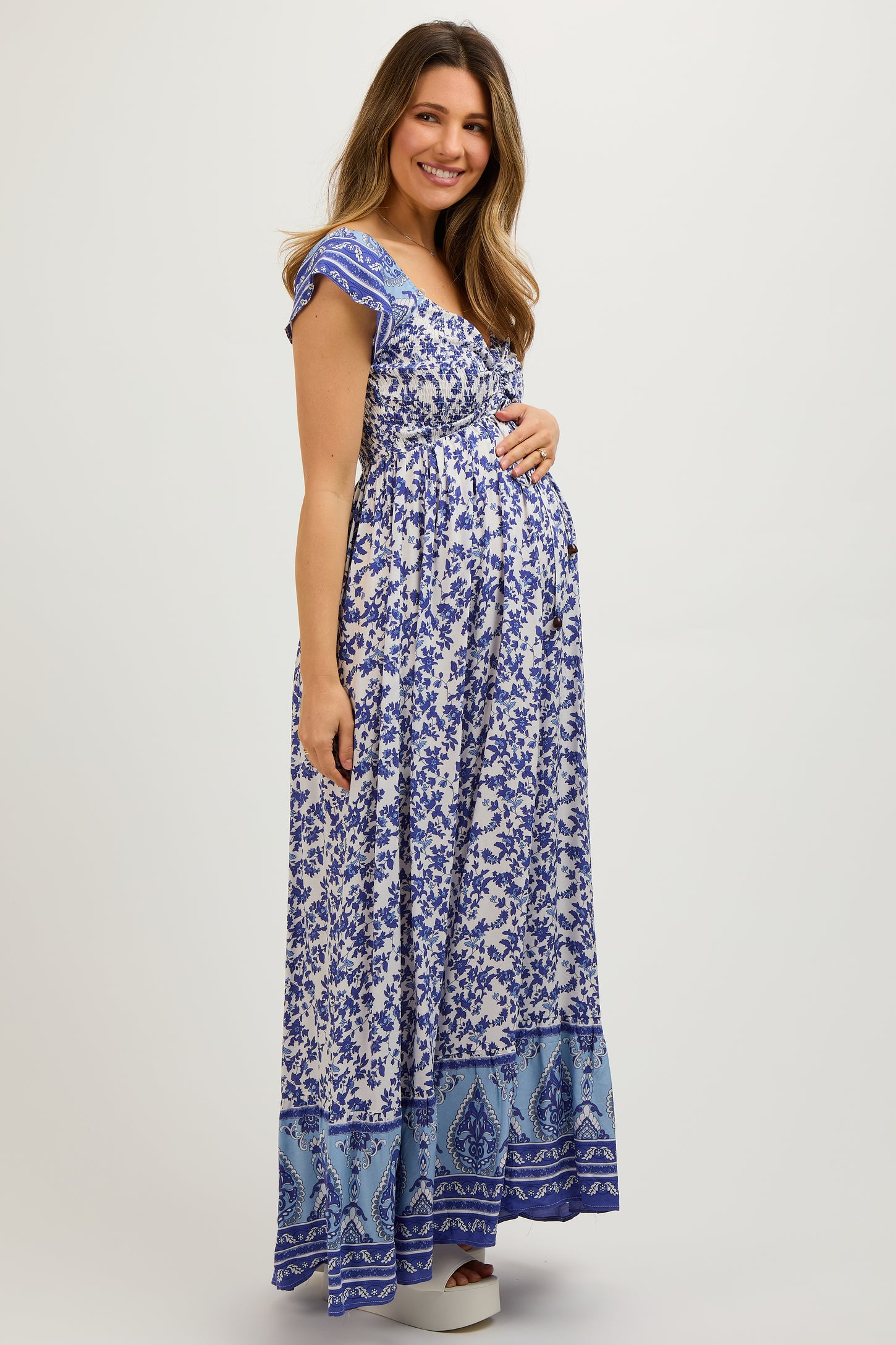Blue Floral Off Shoulder Maternity Maxi Dress