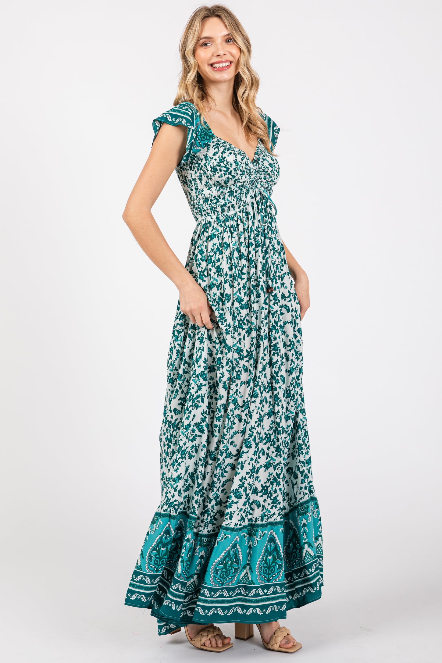 Green Floral Off Shoulder Smocked Maxi Dress PinkBlush Green Floral Off Shoulder Smocked Maxi Dress PinkBlush