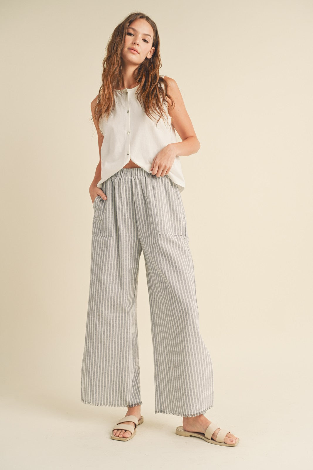 Heather Grey Striped Linen Slit Hem Pants