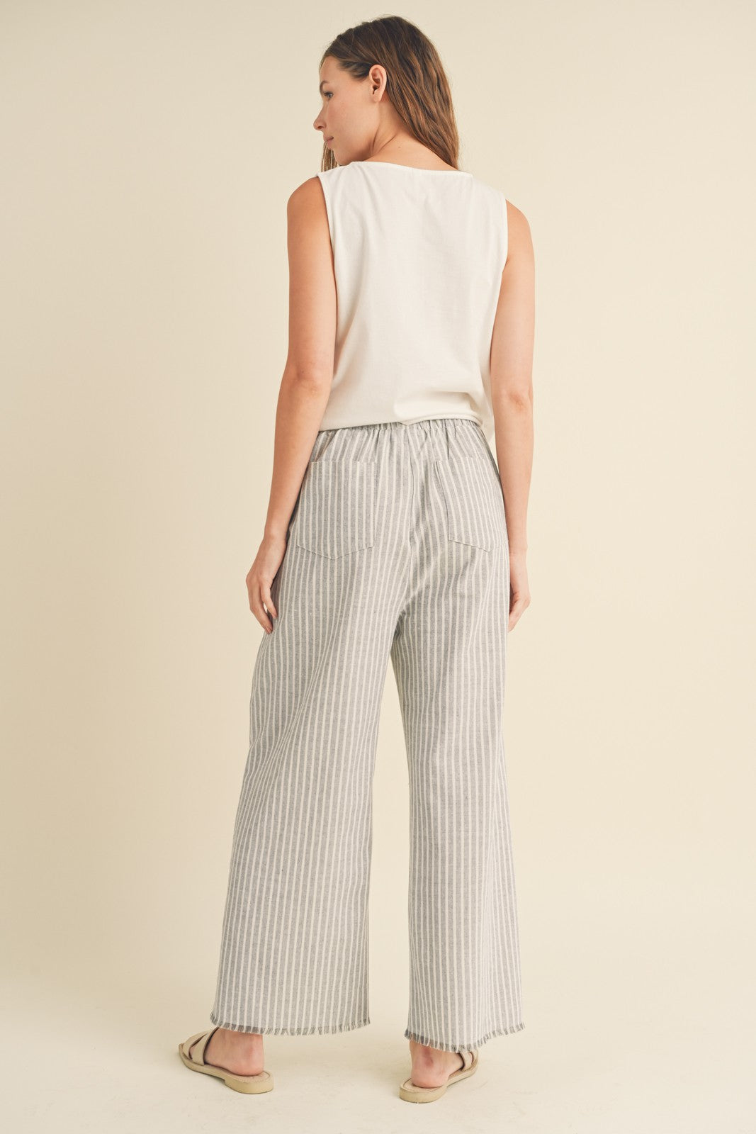 Heather Grey Striped Linen Slit Hem Pants
