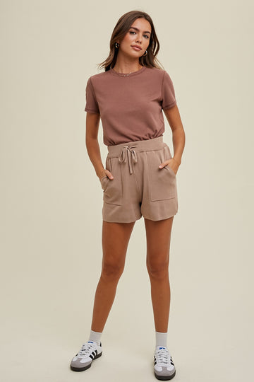 Mauve Ribbed Short Sleeve Curved Hem Top
